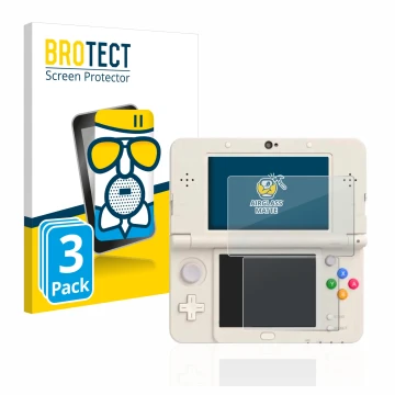 Front side of a product packaging with the brand logo BROTECT. Next to it is the device Nintendo New 3DS shown with the corres