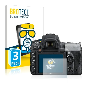 Front side of a product packaging with the brand logo BROTECT. Next to it is the device Nikon D750 shown with the correspondin