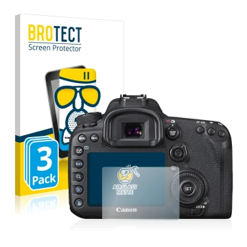 Front side of a product packaging with the brand logo BROTECT. Next to it is the device Canon EOS 7D Mark II shown with the co