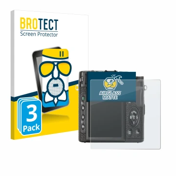 Front side of a product packaging with the brand logo BROTECT. Next to it is the device Fujifilm X10 shown with the correspond