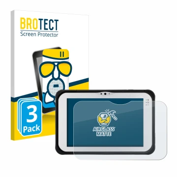 Front side of a product packaging with the brand logo BROTECT. Next to it is the device Panasonic Toughpad FZ-M1 shown with th