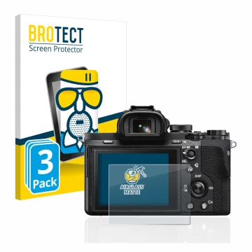 Front side of a product packaging with the brand logo BROTECT. Next to it is the device Sony Alpha 7 II (ILCE-7M2) shown with 