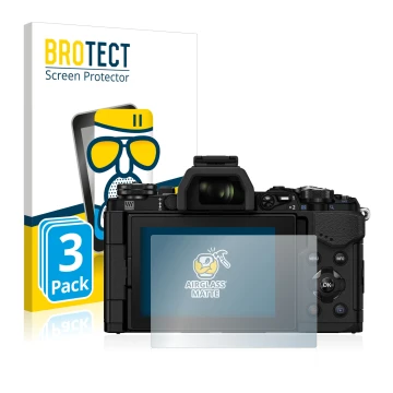 Front side of a product packaging with the brand logo BROTECT. Next to it is the device Olympus OM-D E-M5 Mark II shown with t