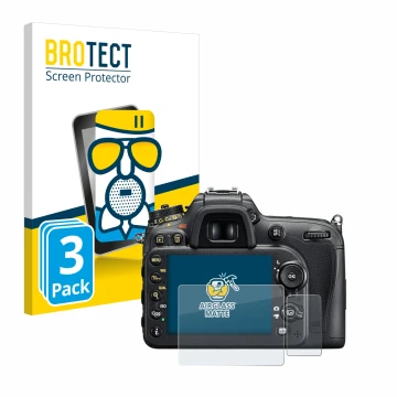 Front side of a product packaging with the brand logo BROTECT. Next to it is the device Nikon D7200 shown with the correspondi