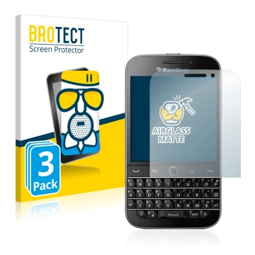 Front side of a product packaging with the brand logo BROTECT. Next to it is the device Blackberry Classic Q20 shown with the 