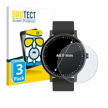 Front side of a product packaging with the brand logo BROTECT. Next to it is the device Watches (Circular, ø: 44 mm) shown wit