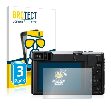 Front side of a product packaging with the brand logo BROTECT. Next to it is the device Panasonic Lumix DMC-TZ71 shown with th