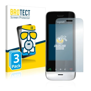 Front side of a product packaging with the brand logo BROTECT. Next to it is the device Gigaset SL910 (oblong cutout) shown wi