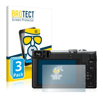 Front side of a product packaging with the brand logo BROTECT. Next to it is the device Panasonic Lumix DMC-TZ70 shown with th