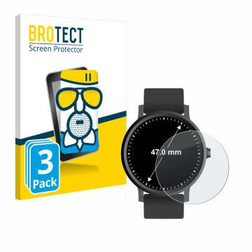 Front side of a product packaging with the brand logo BROTECT. Next to it is the device Watches (Circular, ø: 47 mm) shown wit