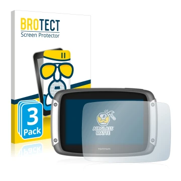 Front side of a product packaging with the brand logo BROTECT. Next to it is the device TomTom Rider 400 shown with the corres