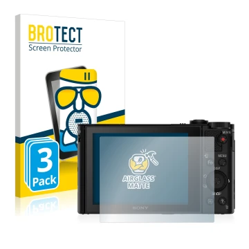 Front side of a product packaging with the brand logo BROTECT. Next to it is the device Sony Cyber-Shot DSC-HX90V shown with t