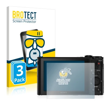 Front side of a product packaging with the brand logo BROTECT. Next to it is the device Sony Cyber-Shot DSC-WX500 shown with t