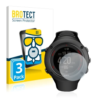 Front side of a product packaging with the brand logo BROTECT. Next to it is the device Suunto Ambit3 Run Black shown with the