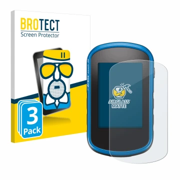 Front side of a product packaging with the brand logo BROTECT. Next to it is the device Garmin eTrex Touch 35 shown with the c