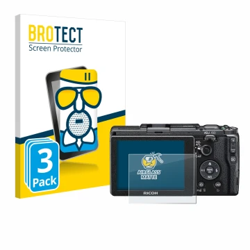 Front side of a product packaging with the brand logo BROTECT. Next to it is the device Ricoh GR II 2015 shown with the corres