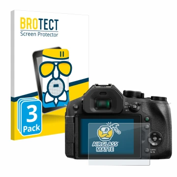 Front side of a product packaging with the brand logo BROTECT. Next to it is the device Panasonic Lumix DMC-FZ300 shown with t