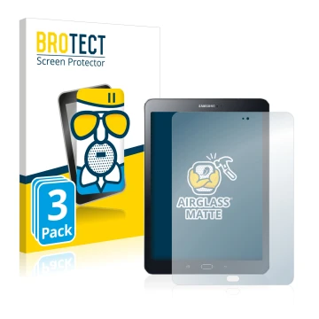 Front side of a product packaging with the brand logo BROTECT. Next to it is the device Samsung Galaxy Tab S2 9.7 shown with t
