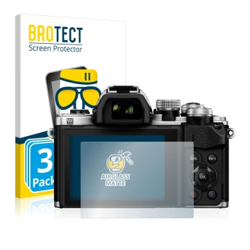 Front side of a product packaging with the brand logo BROTECT. Next to it is the device Olympus OM-D E-M10 Mark II shown with 