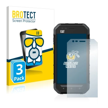 Front side of a product packaging with the brand logo BROTECT. Next to it is the device Caterpillar Cat S30 shown with the cor