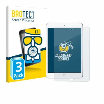 Front side of a product packaging with the brand logo BROTECT. Next to it is the device Apple iPad Mini 4 2015 shown with the 