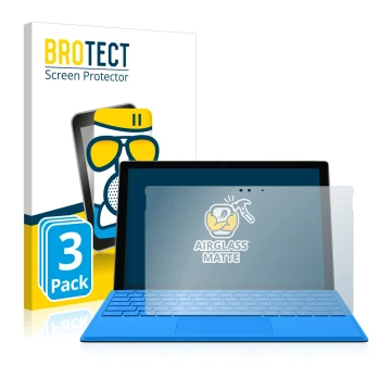 Front side of a product packaging with the brand logo BROTECT. Next to it is the device Microsoft Surface Pro 4 shown with the