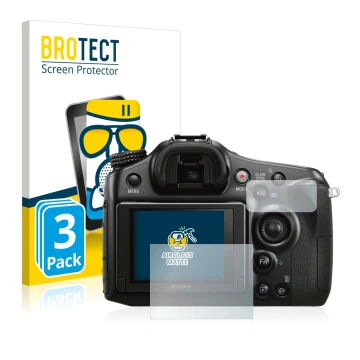 Front side of a product packaging with the brand logo BROTECT. Next to it is the device Sony Alpha 68 shown with the correspon