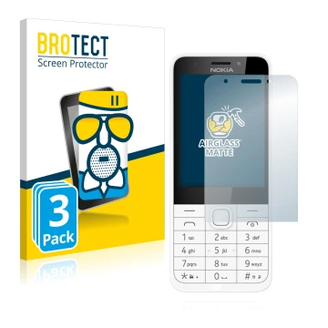 Front side of a product packaging with the brand logo BROTECT. Next to it is the device Nokia 230 shown with the corresponding