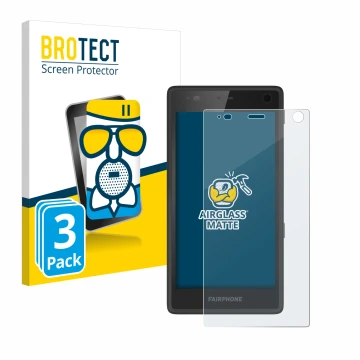 Front side of a product packaging with the brand logo BROTECT. Next to it is the device Fairphone 2 shown with the correspondi