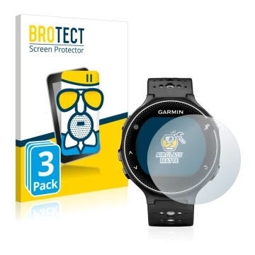 Front side of a product packaging with the brand logo BROTECT. Next to it is the device Garmin Forerunner 230 shown with the c