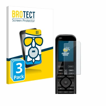 Front side of a product packaging with the brand logo BROTECT. Next to it is the device Logitech Harmony 950 shown with the co