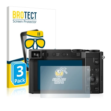 Front side of a product packaging with the brand logo BROTECT. Next to it is the device Panasonic Lumix DMC-TZ101 shown with t