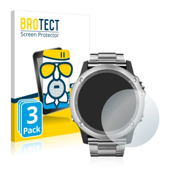Front side of a product packaging with the brand logo BROTECT. Next to it is the device Garmin Fenix 3 Saphir shown with the c