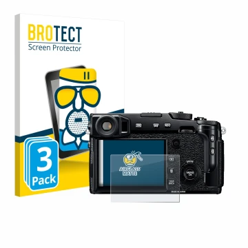 Front side of a product packaging with the brand logo BROTECT. Next to it is the device Fujifilm X-Pro2 shown with the corresp