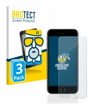 Front side of a product packaging with the brand logo BROTECT. Next to it is the device Apple iPhone 7 shown with the correspo