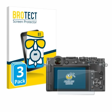 Front side of a product packaging with the brand logo BROTECT. Next to it is the device Olympus PEN-F shown with the correspon