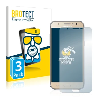 Front side of a product packaging with the brand logo BROTECT. Next to it is the device Samsung Galaxy J7 2016 shown with the 