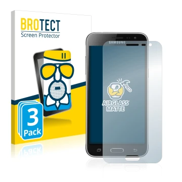 Front side of a product packaging with the brand logo BROTECT. Next to it is the device Samsung Galaxy J3 Duos 2016 shown with