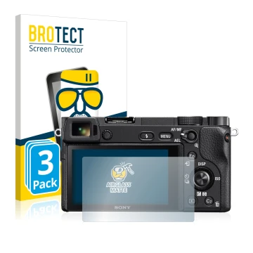 Front side of a product packaging with the brand logo BROTECT. Next to it is the device Sony Alpha 6300 shown with the corresp