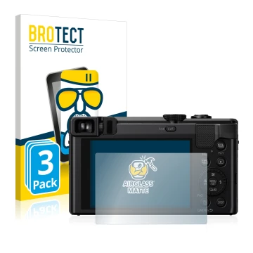 Front side of a product packaging with the brand logo BROTECT. Next to it is the device Panasonic Lumix DMC-TZ80 shown with th