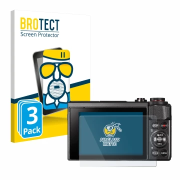 Front side of a product packaging with the brand logo BROTECT. Next to it is the device Canon PowerShot G7 X Mark II shown wit