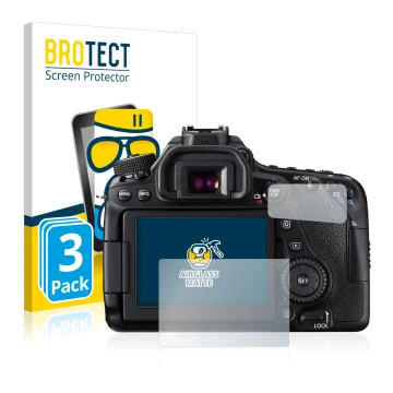 Front side of a product packaging with the brand logo BROTECT. Next to it is the device Canon EOS 80D shown with the correspon