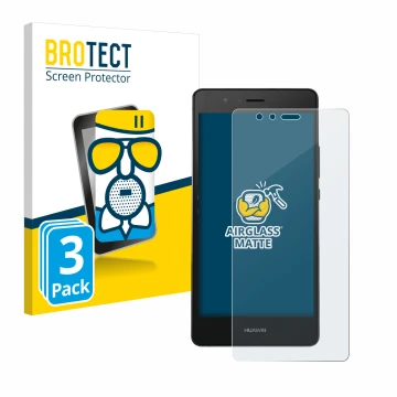 Front side of a product packaging with the brand logo BROTECT. Next to it is the device Huawei P9 shown with the corresponding
