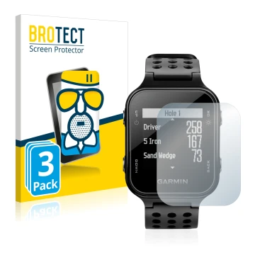 Front side of a product packaging with the brand logo BROTECT. Next to it is the device Garmin Approach S20 shown with the cor