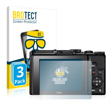 Front side of a product packaging with the brand logo BROTECT. Next to it is the device Nikon Coolpix A900 shown with the corr