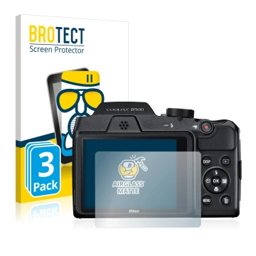 Front side of a product packaging with the brand logo BROTECT. Next to it is the device Nikon Coolpix B500 shown with the corr