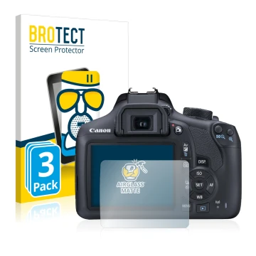 Front side of a product packaging with the brand logo BROTECT. Next to it is the device Canon EOS 1300D shown with the corresp