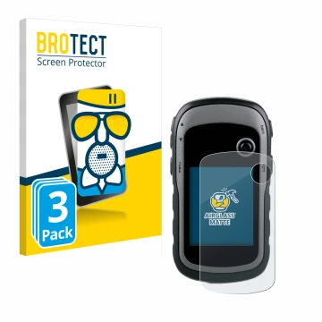 Front side of a product packaging with the brand logo BROTECT. Next to it is the device Garmin eTrex 30x shown with the corres