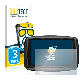 Front side of a product packaging with the brand logo BROTECT. Next to it is the device Garmin zumo 595LM shown with the corre