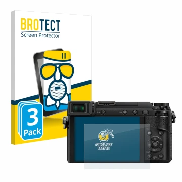 Front side of a product packaging with the brand logo BROTECT. Next to it is the device Panasonic Lumix DMC-GX80 shown with th
